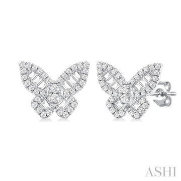 1/2 Ctw Baguette and Round Cut Diamond Butterfly Petite Fashion Stud Earring in 14K White Gold